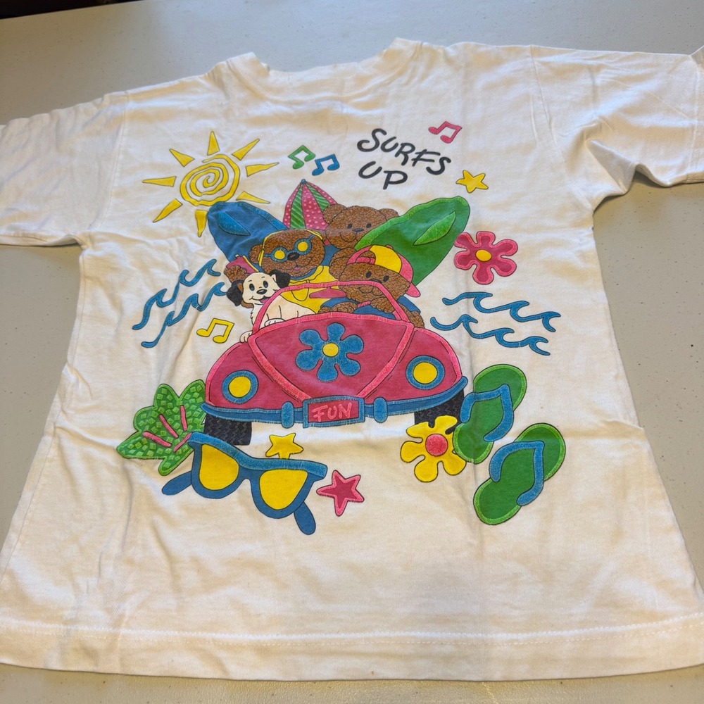 Vintage 90s Surfs Up Beach Bears Graphic T-Shirt Kids Size 7/8 White Cotton